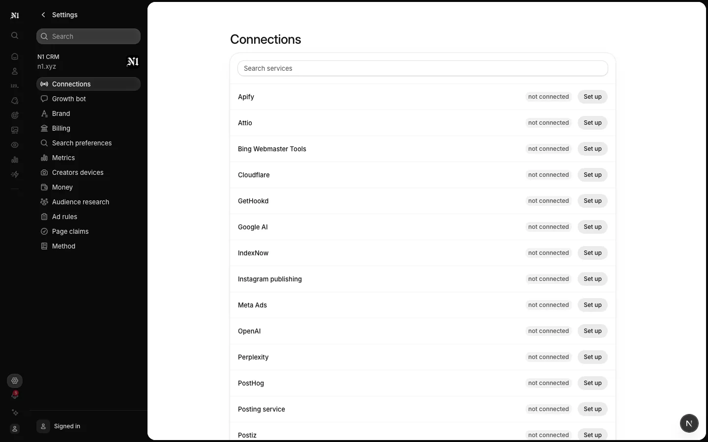 Settings, Connections: each service rouu reads or writes, and whether it is connected