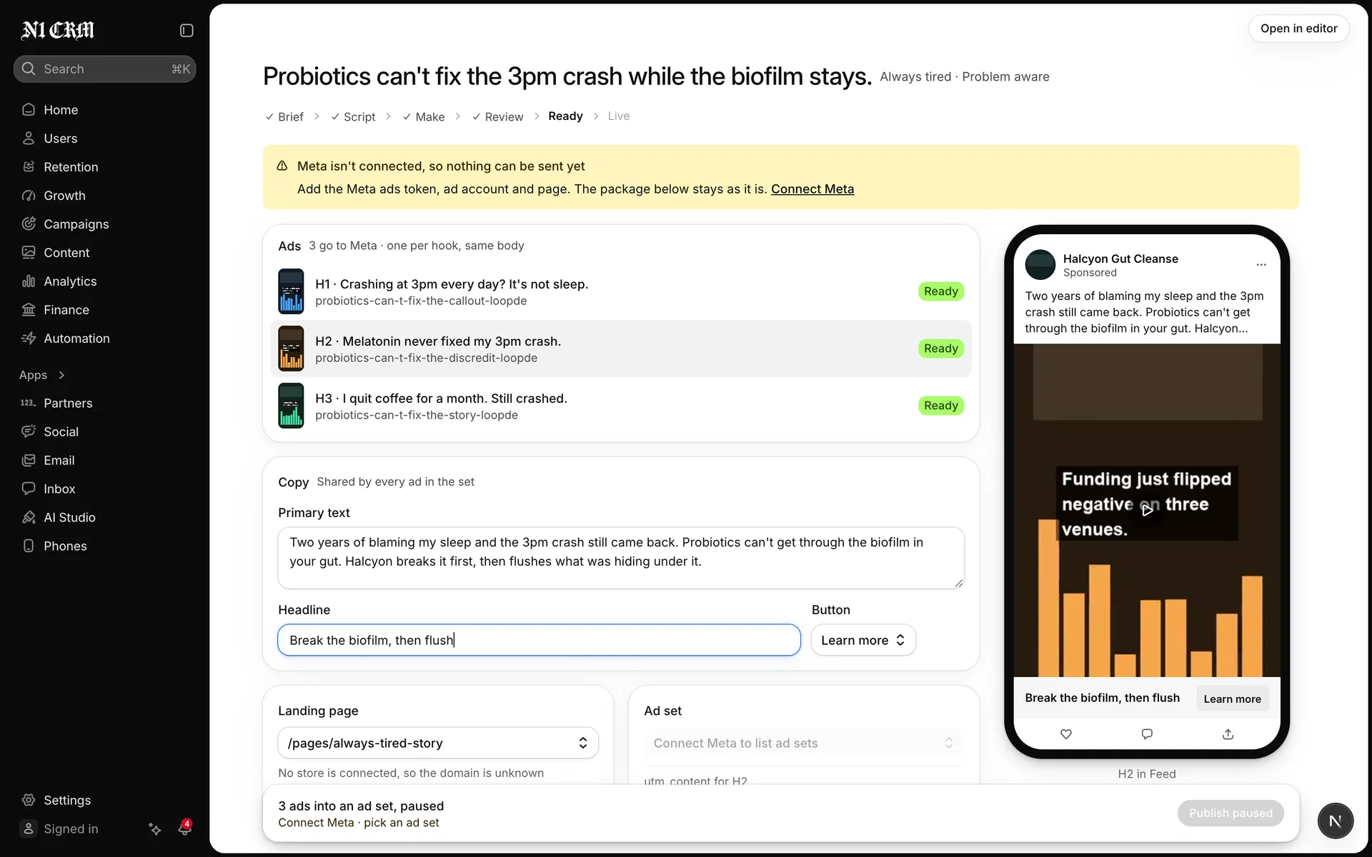 Three ads ready to go to Meta as a paused ad set, with the copy and a feed preview